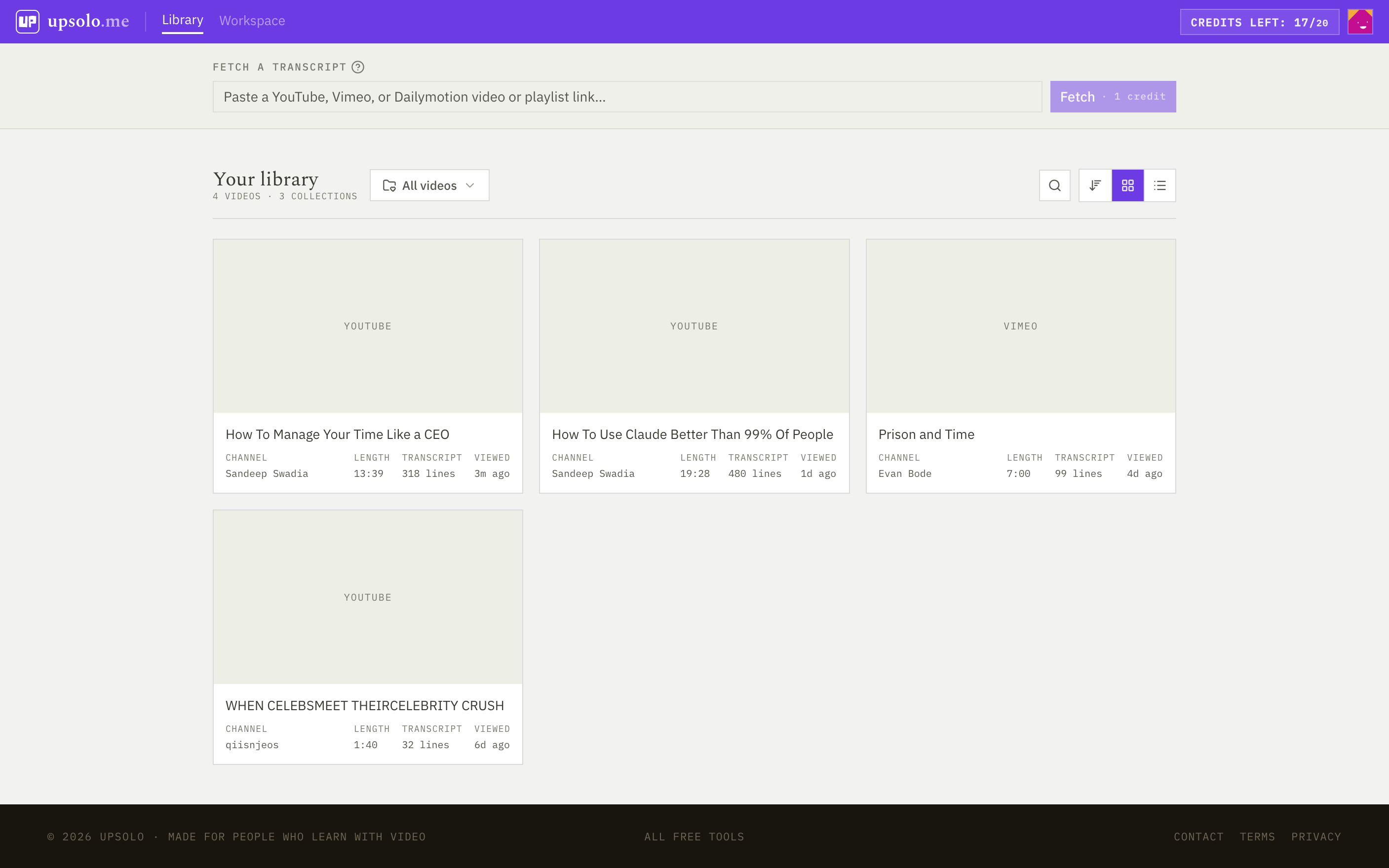 The UpSolo library: a grid of saved videos grouped into collections