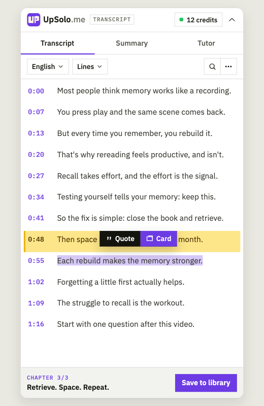 A transcript line selected in the extension, with Quote and Card buttons above it