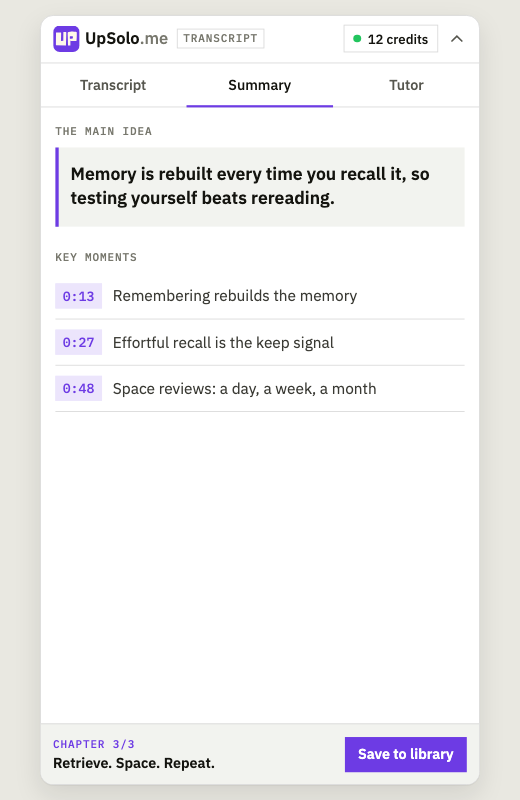 The extension's Summary tab: the video's main idea, then three key moments with their timestamps
