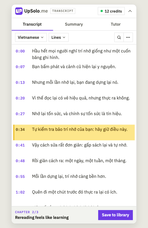 The extension's transcript auto-translated into Vietnamese, with the playing line highlighted