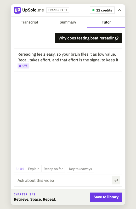 The extension's Tutor tab: a question about the video and an answer that cites the 0:27 moment