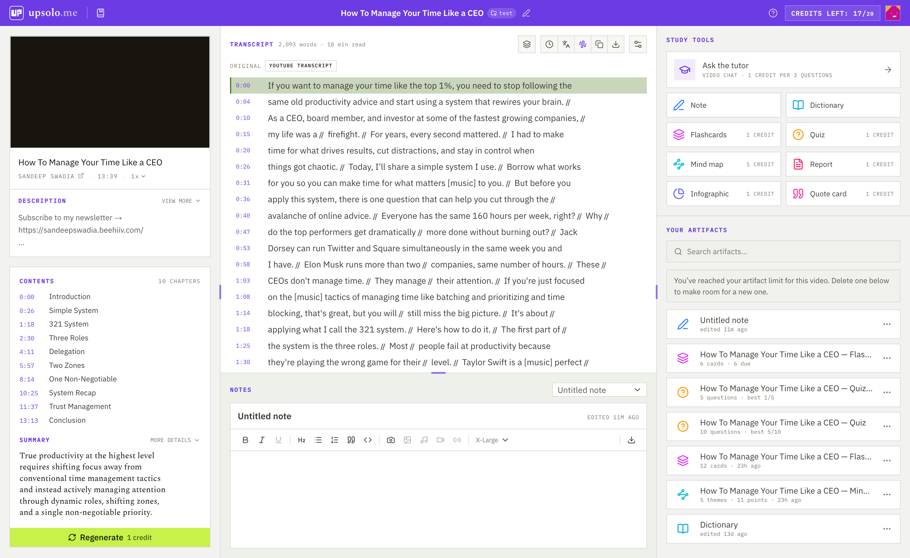 The UpSolo workspace: the video player, the timestamped transcript, and the study tools side by side